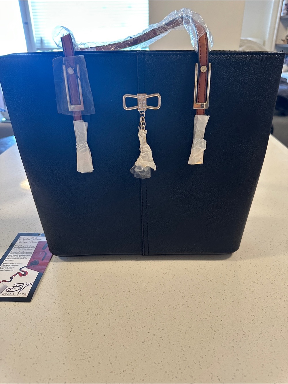 Porto Vino Black Wine Bag with Brown Handles and Gold Accent,NWT
